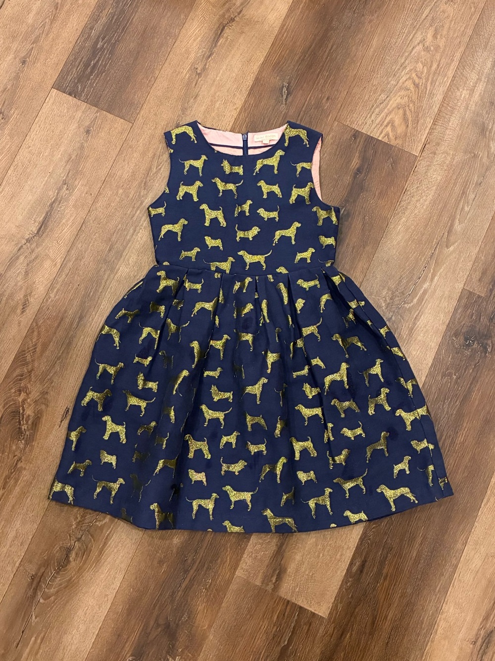 Mini Boden Blue Dog Dress Gold Metallic Shimmer Sparkle Formal Animal 11/12 Girl